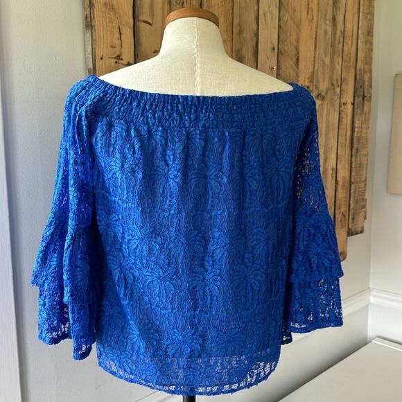 Lilly Pulitzer Women’s Sm Tobyn Top Ikat Cobalt Blue Palm Tree Lace Off Shoulder - Picture 8 of 14